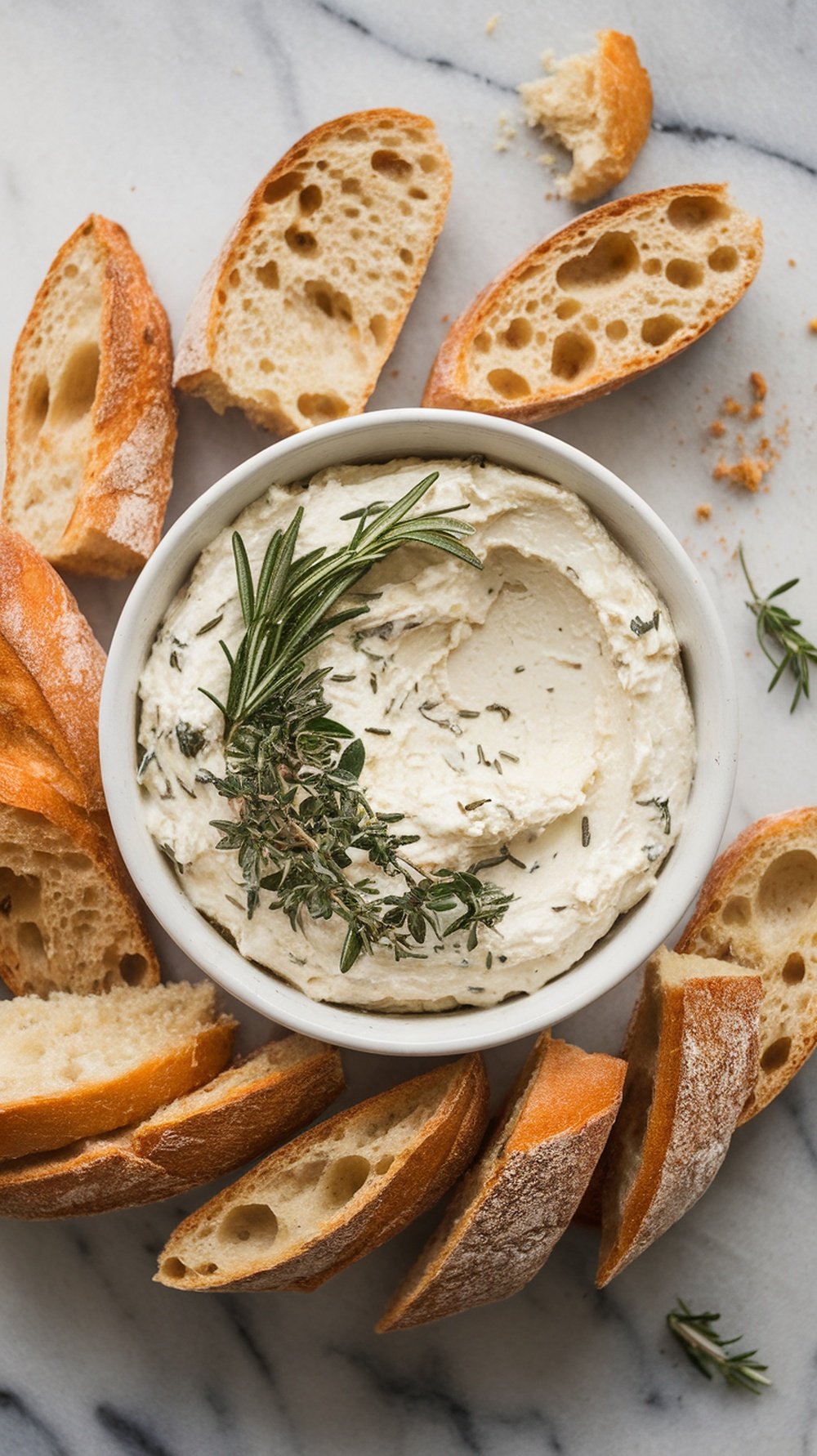 A bowl of herbed goat cheese dip surrounded by slices of crusty bread.