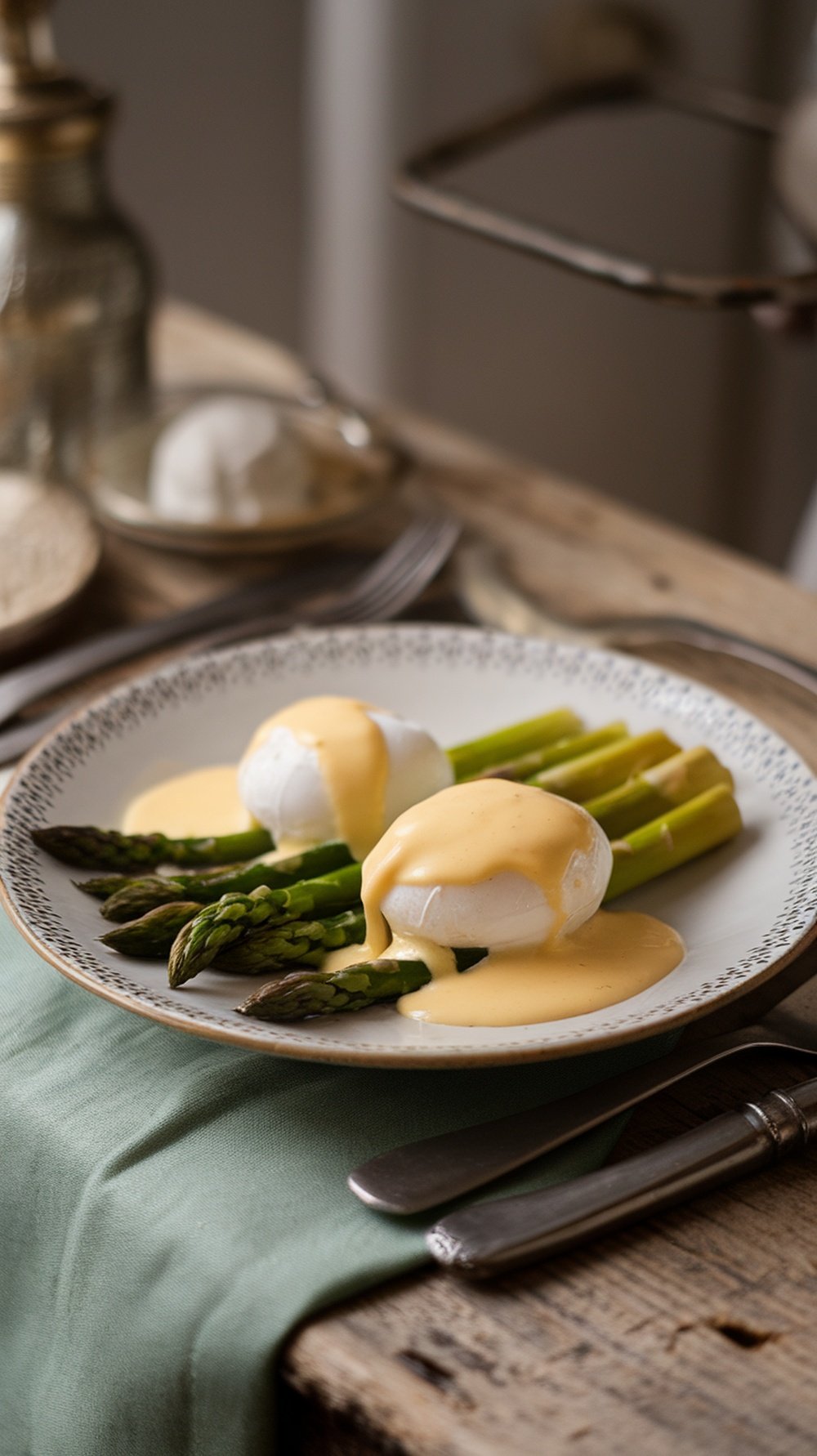 Plate of poached eggs and asparagus drizzled with hollandaise sauce.