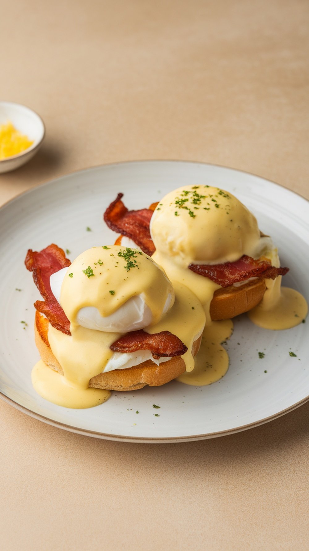 Delicious hollandaise sauce drizzled over eggs with a zesty lemon twist.