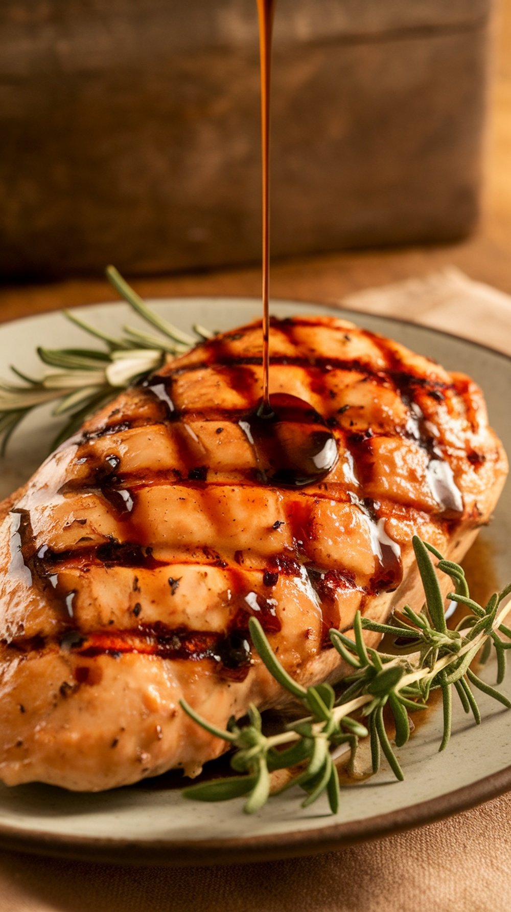 Honey balsamic glaze being drizzled over grilled chicken.