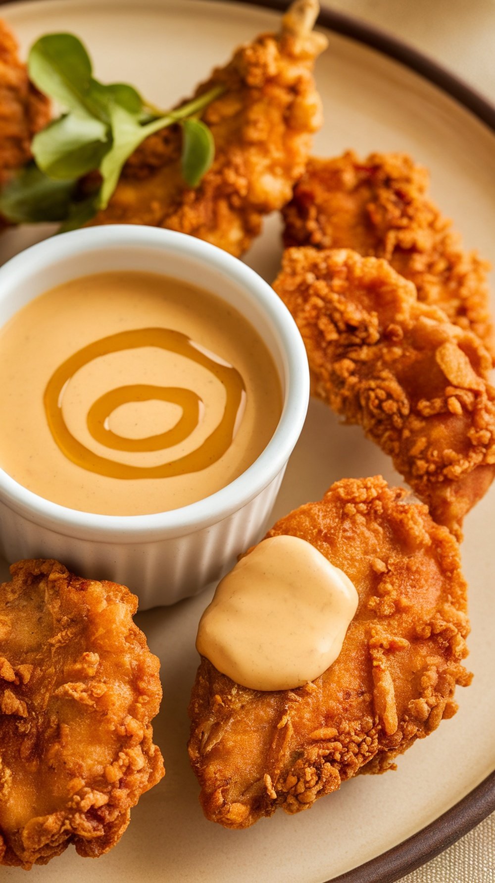 A bowl of honey mustard dipping sauce surrounded by crispy chicken tenders.