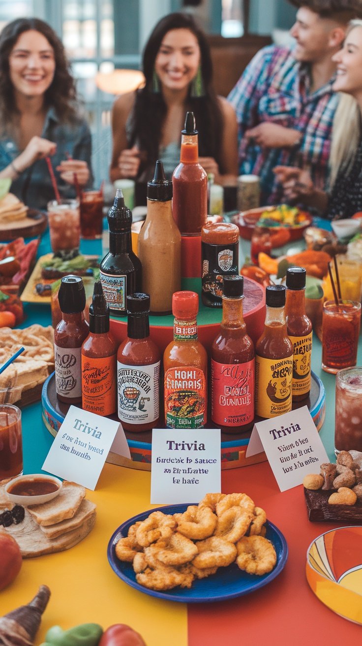 A table full of hot sauces and snacks with trivia cards.