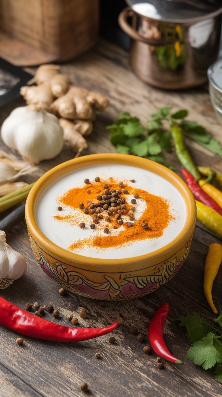 A bowl of yogurt with spices and herbs, representing Indian Tandoori Marinade.