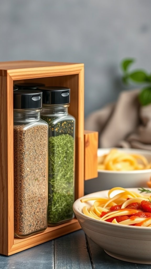 A spice container holding jars of herbs next to a bowl of pasta.
