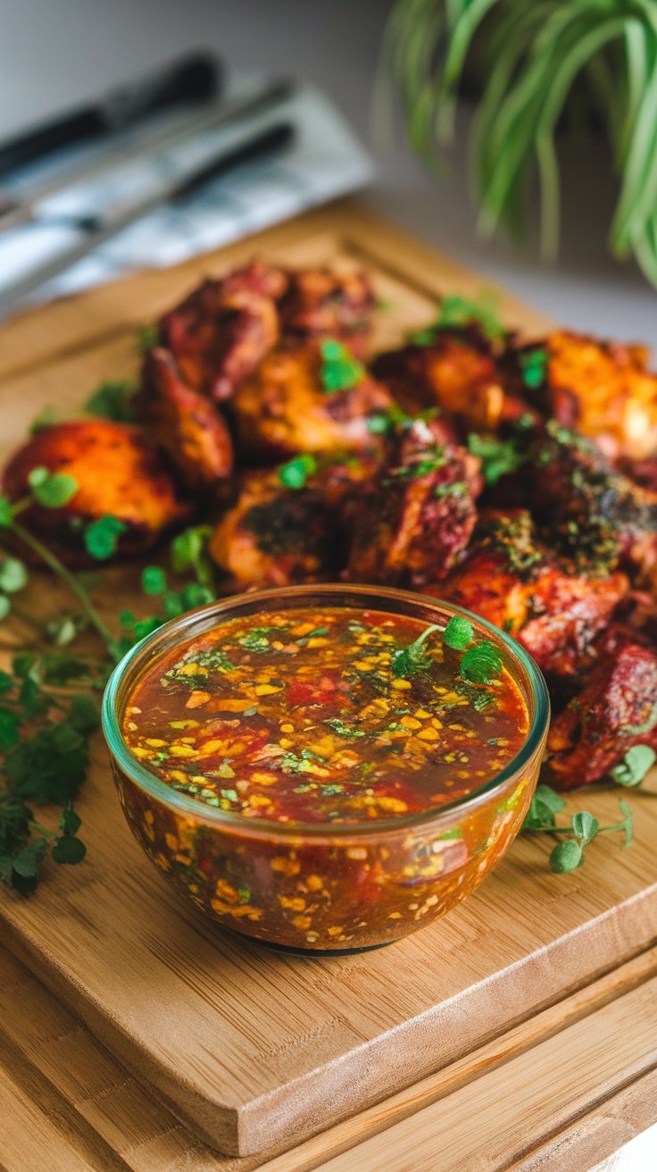 A vibrant bowl of Jamaican jerk marinade next to spicy marinated chicken pieces.