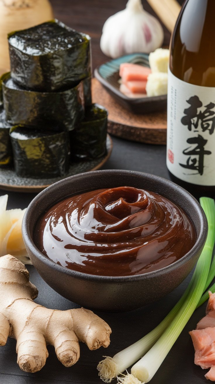 A bowl of rich Japanese miso marinade surrounded by ingredients like ginger and green onions.