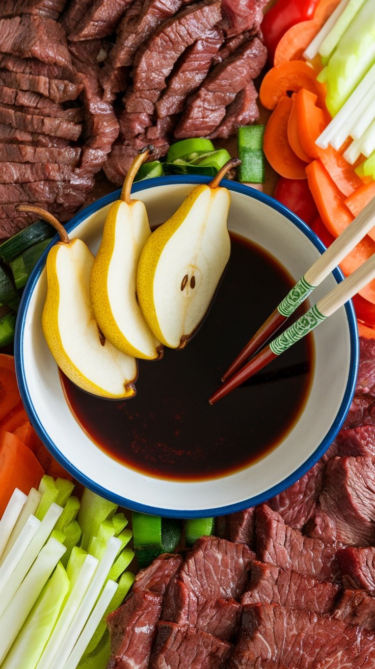 A bowl of Korean bulgogi marinade with sliced pears and raw beef slices.