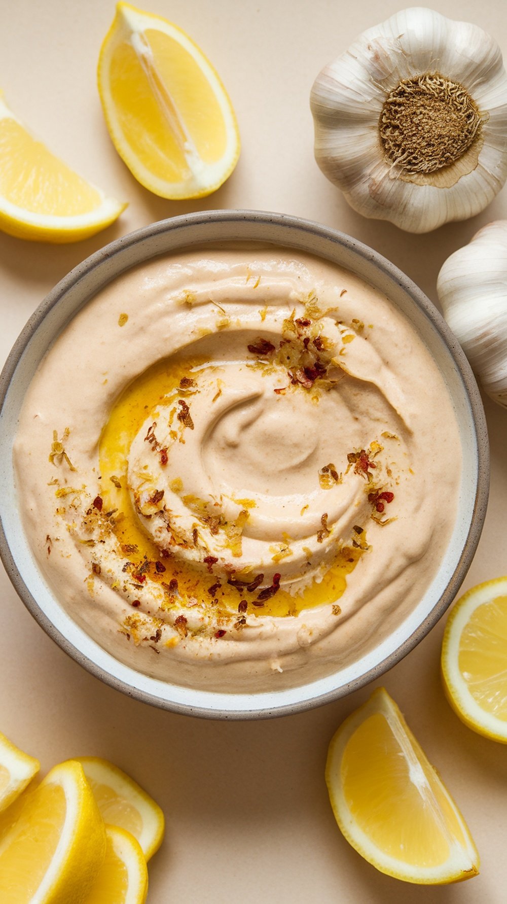 A creamy lemon garlic tahini sauce garnished with olive oil and spices, surrounded by fresh garlic and lemon wedges.