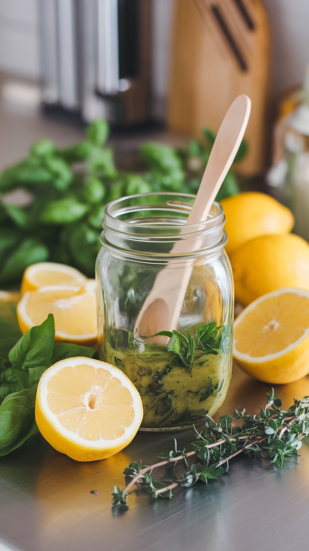 A jar of lemon herb vinaigrette surrounded by fresh lemons and herbs.