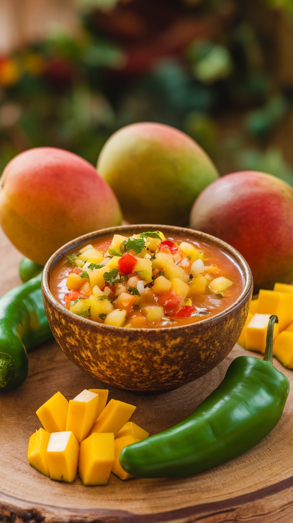 A bowl of colorful mango-habanero salsa surrounded by fresh ingredients.