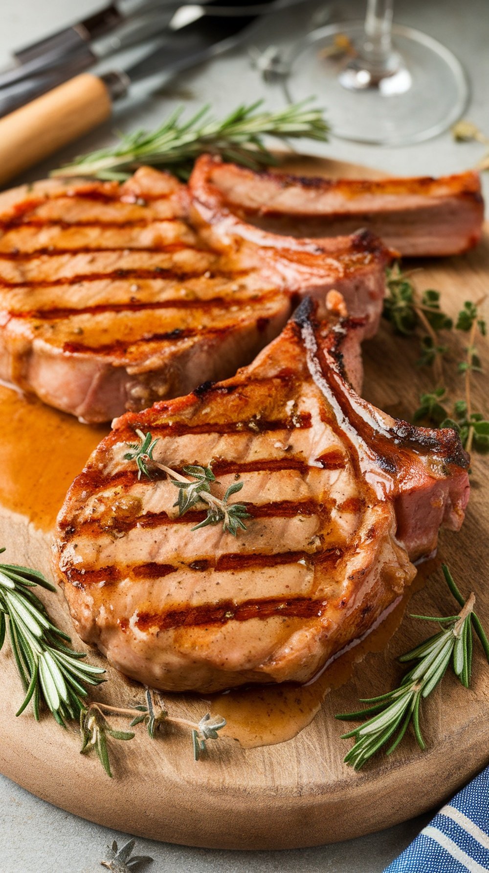 Grilled pork chops glistening with maple dijon glaze on a wooden platter.