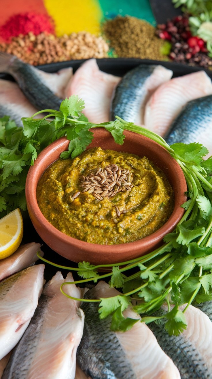 A bowl of Moroccan Chermoula surrounded by fresh fish and herbs
