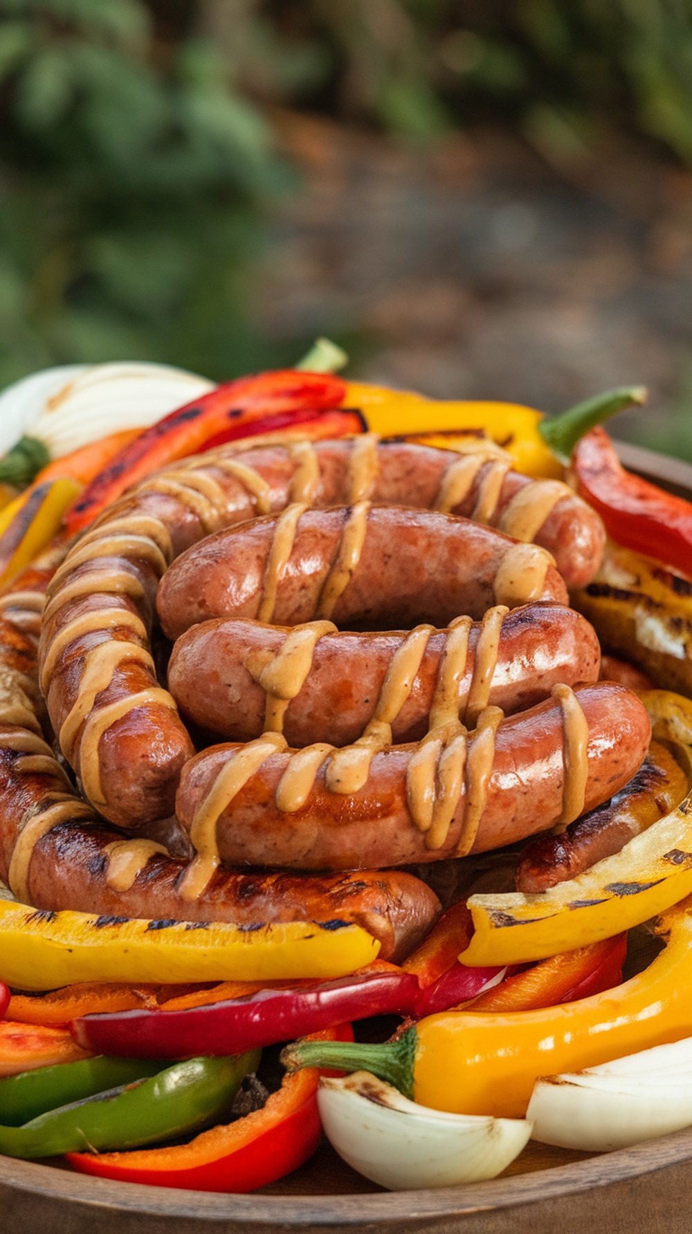 Grilled sausages drizzled with mustard honey glaze on a platter with colorful bell peppers