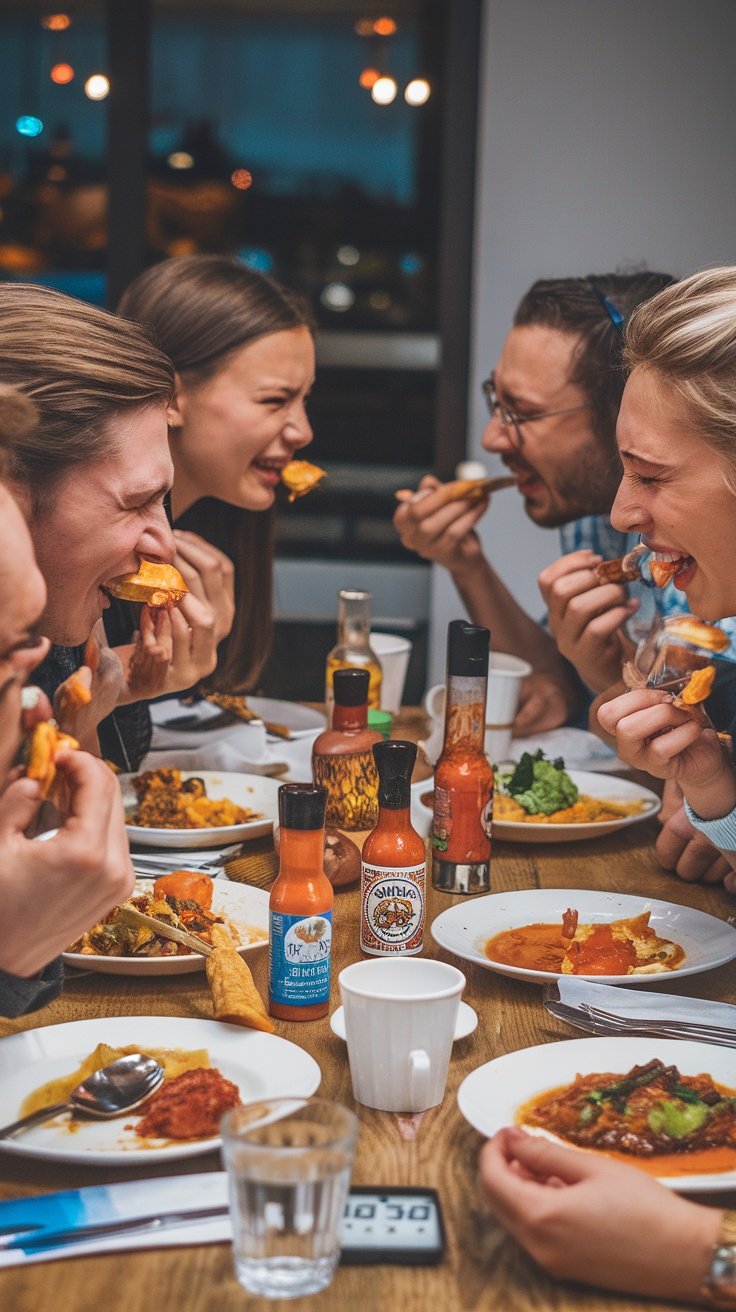 A group of friends enjoying hot sauce with food, showing expressions of excitement and challenge.