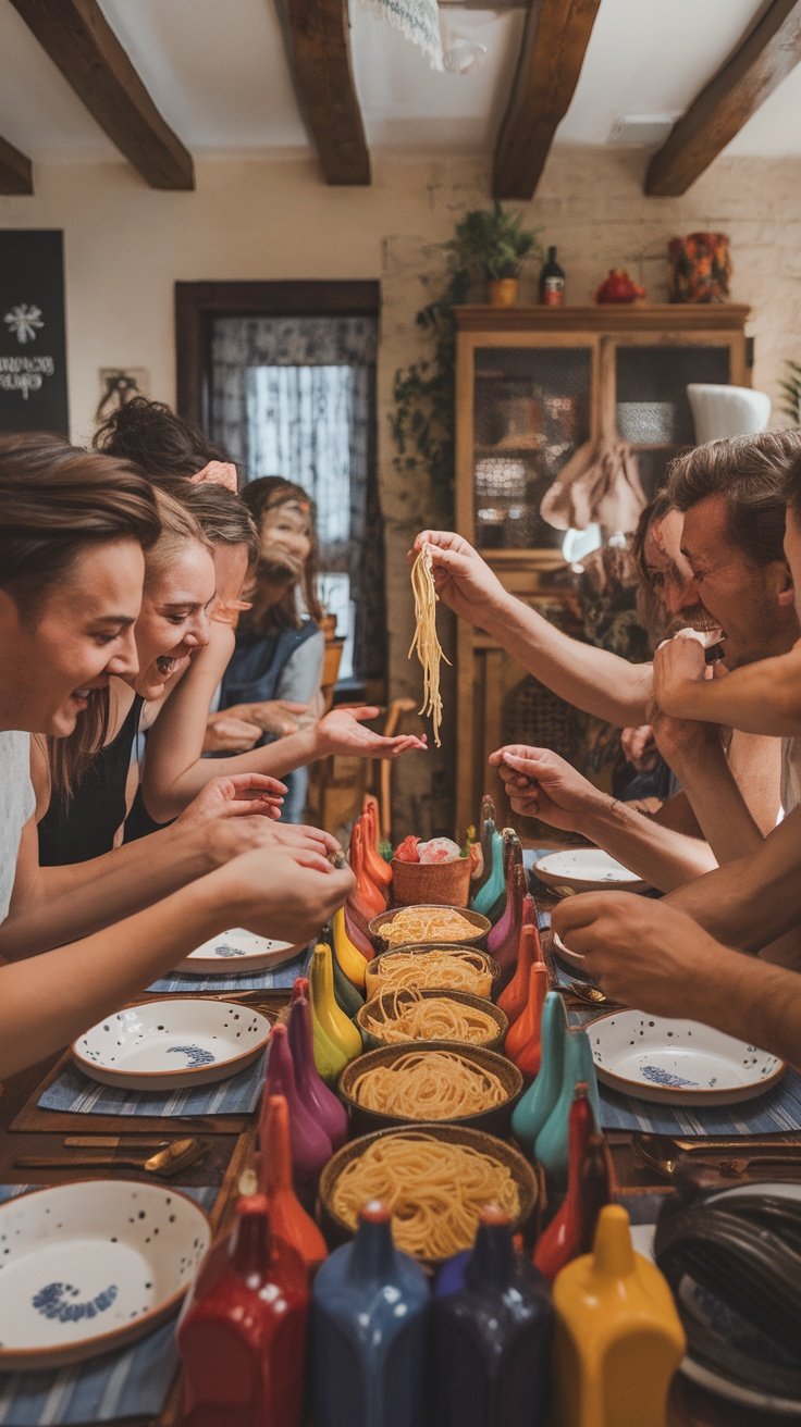 Group of friends playing the One Drop Pasta Game with colorful hot sauce bottles and bowls of spaghetti.