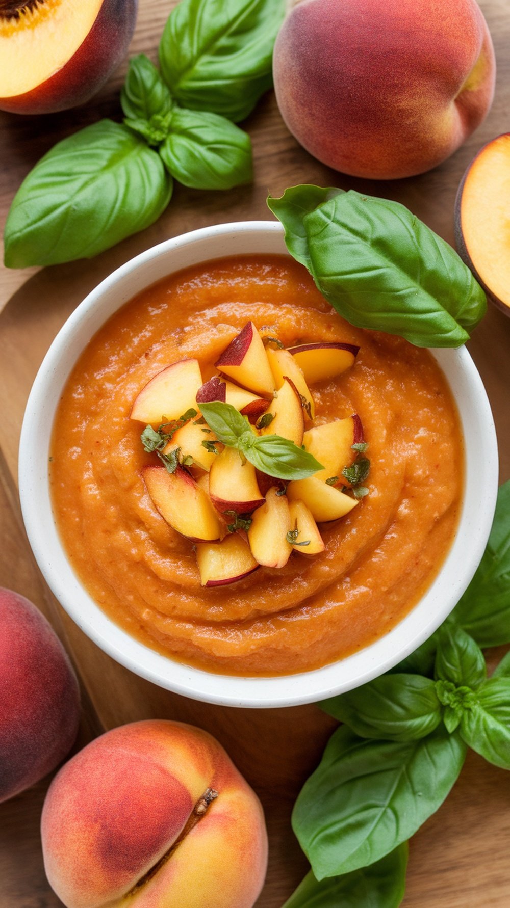 Peach and basil salsa in a bowl, garnished with peach pieces and basil leaves.
