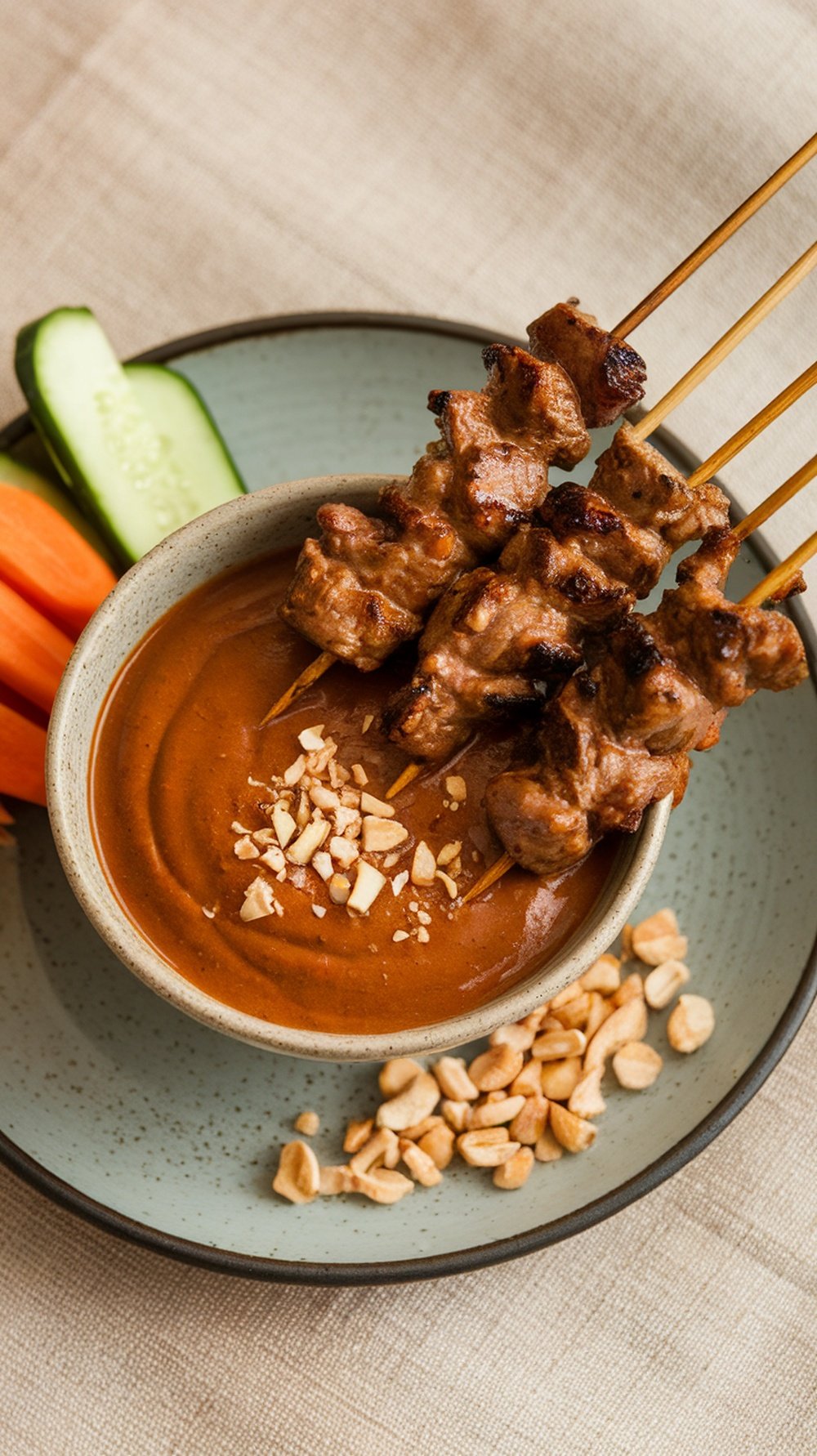 A bowl of peanut satay sauce with skewered meat and fresh vegetables for dipping.