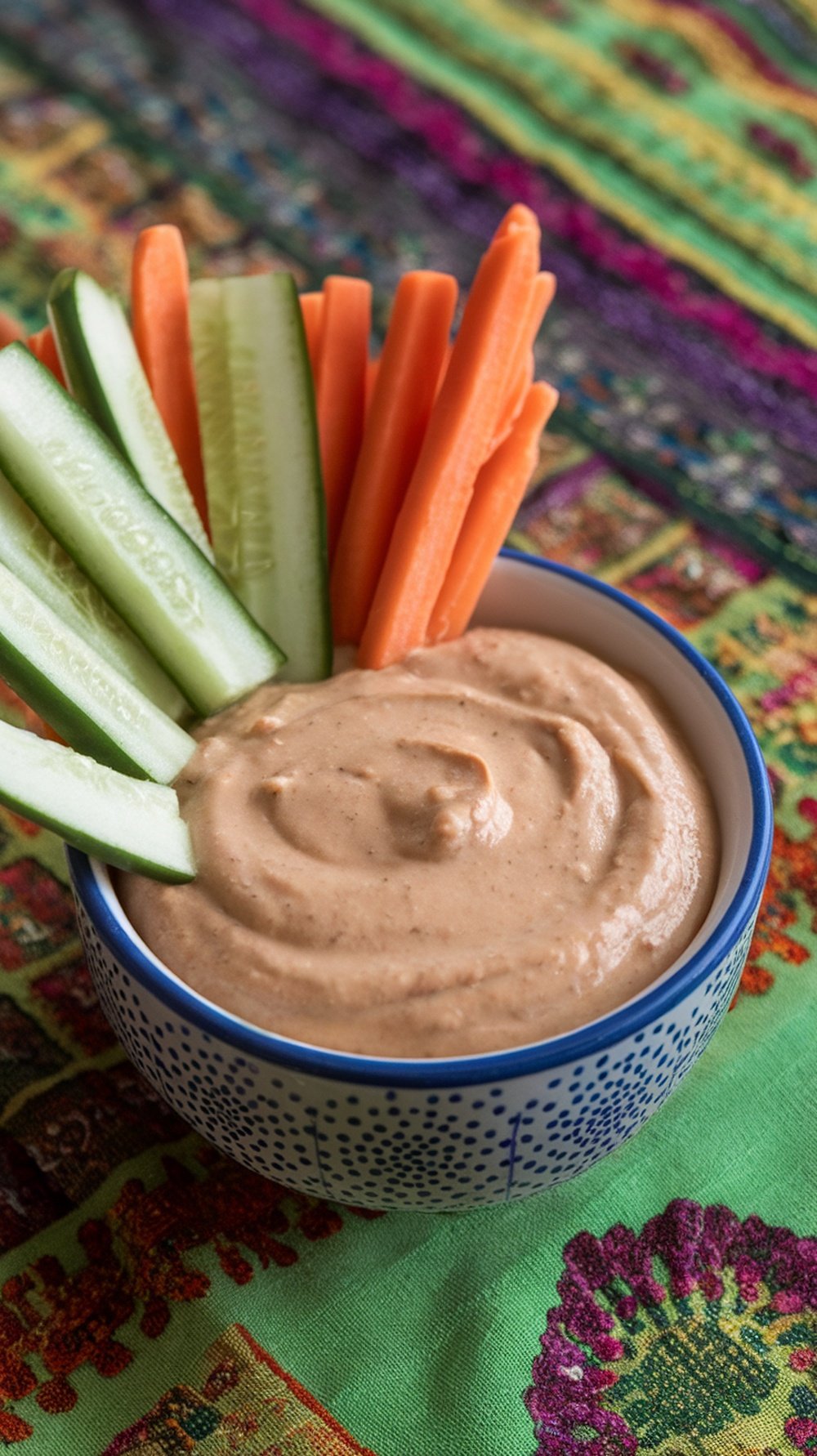 A bowl of peanut sauce with fresh vegetable dippers.