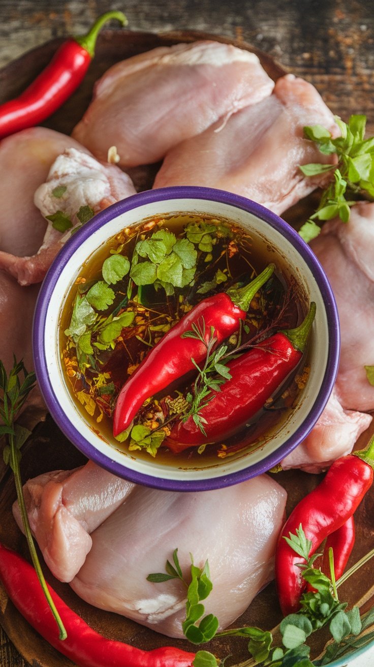 A bowl of Peruvian Aji marinade surrounded by chicken pieces and fresh herbs