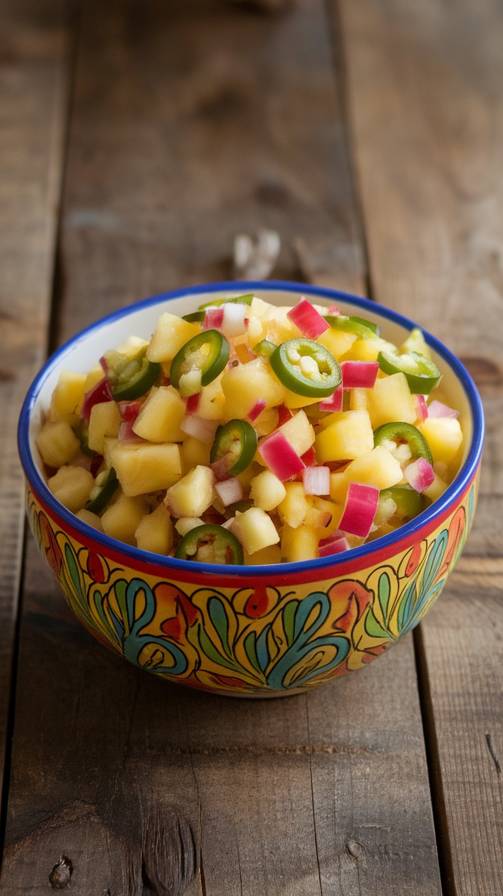 A vibrant bowl of pineapple-jalapeño salsa, featuring diced pineapple, jalapeños, and red onion.