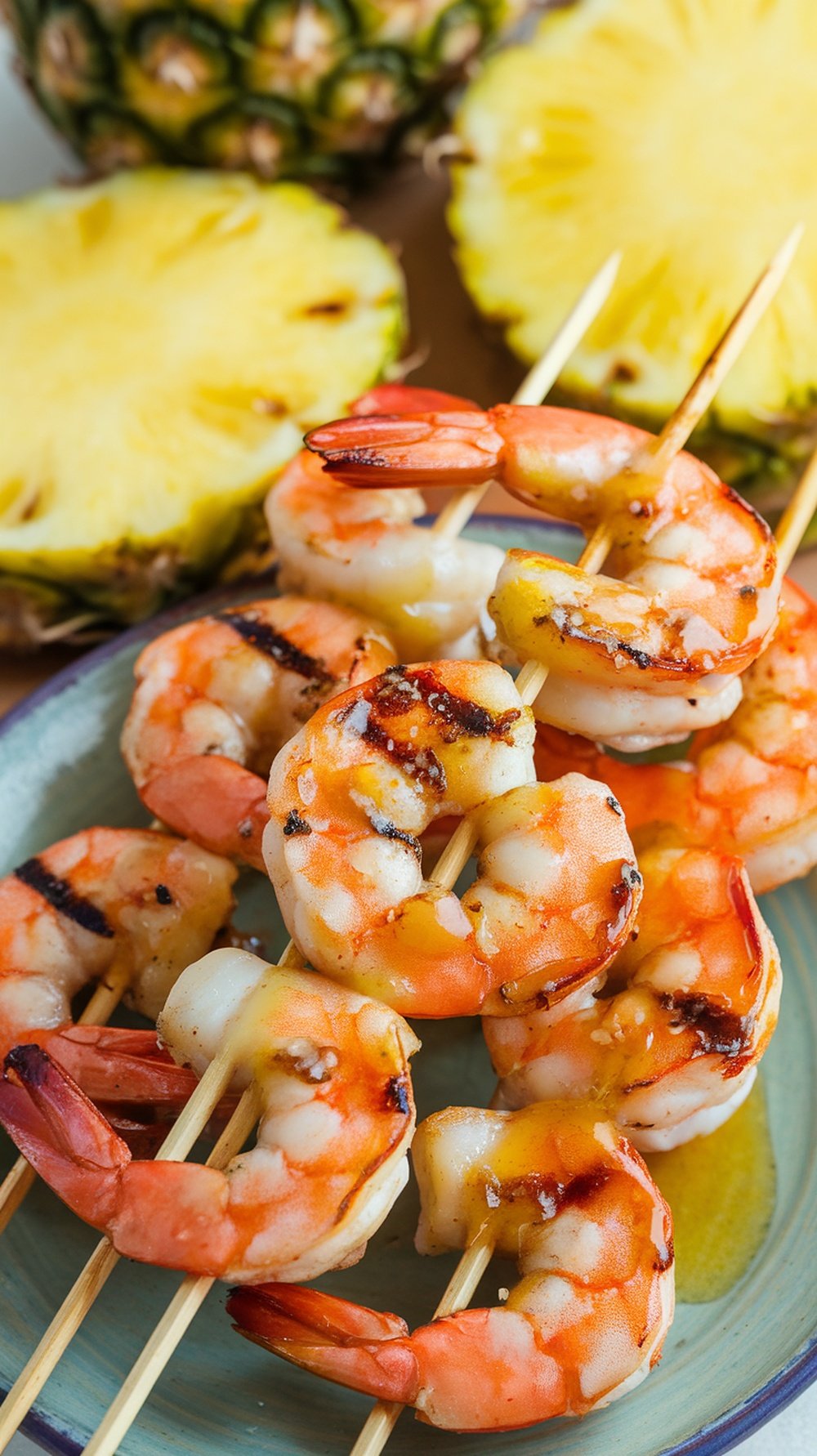 Grilled shrimp skewers with pineapple ginger glaze, served on a plate with sliced pineapple in the background.