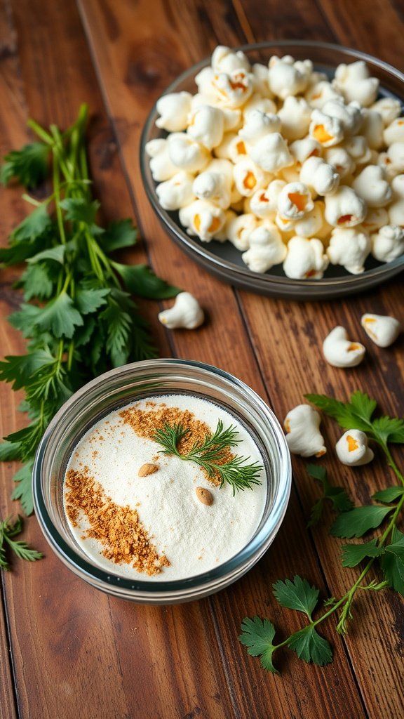 A bowl of ranch seasoning with buttermilk powder, dill, and garlic beside a plate of popcorn and fresh cilantro on a wooden table.