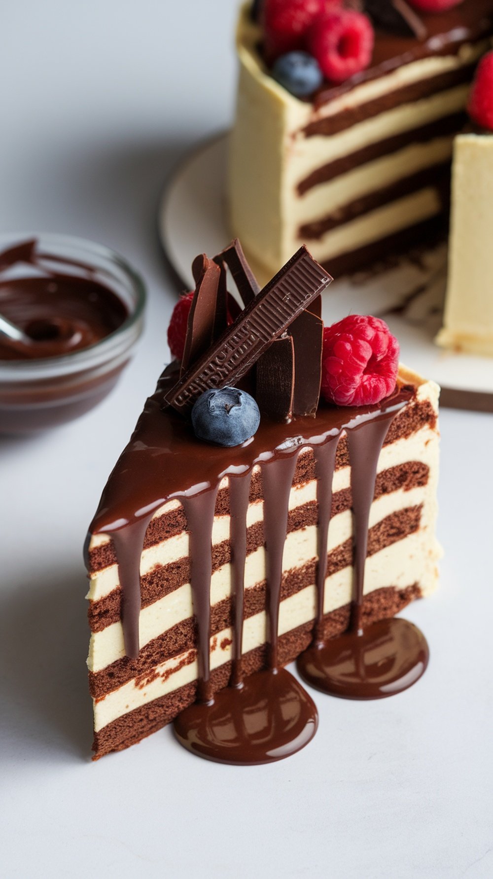 A slice of chocolate cake drizzled with rich chocolate ganache, topped with fresh berries.