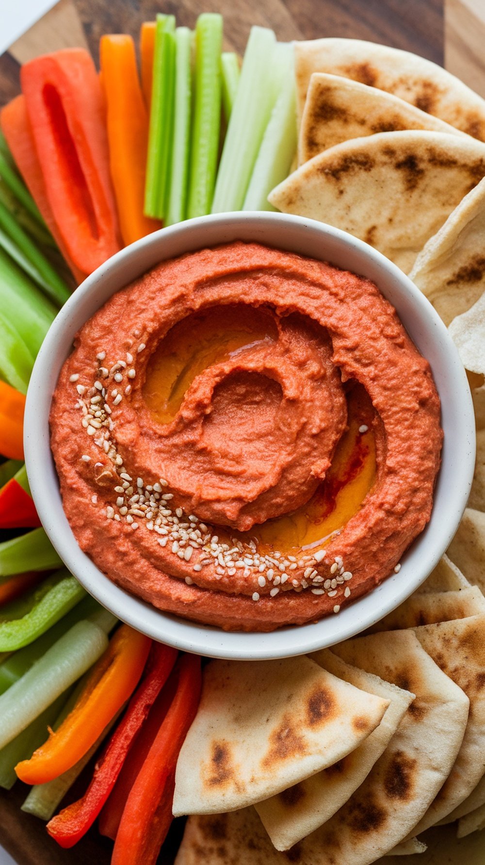 A bowl of roasted red pepper hummus surrounded by pita bread and fresh vegetables.