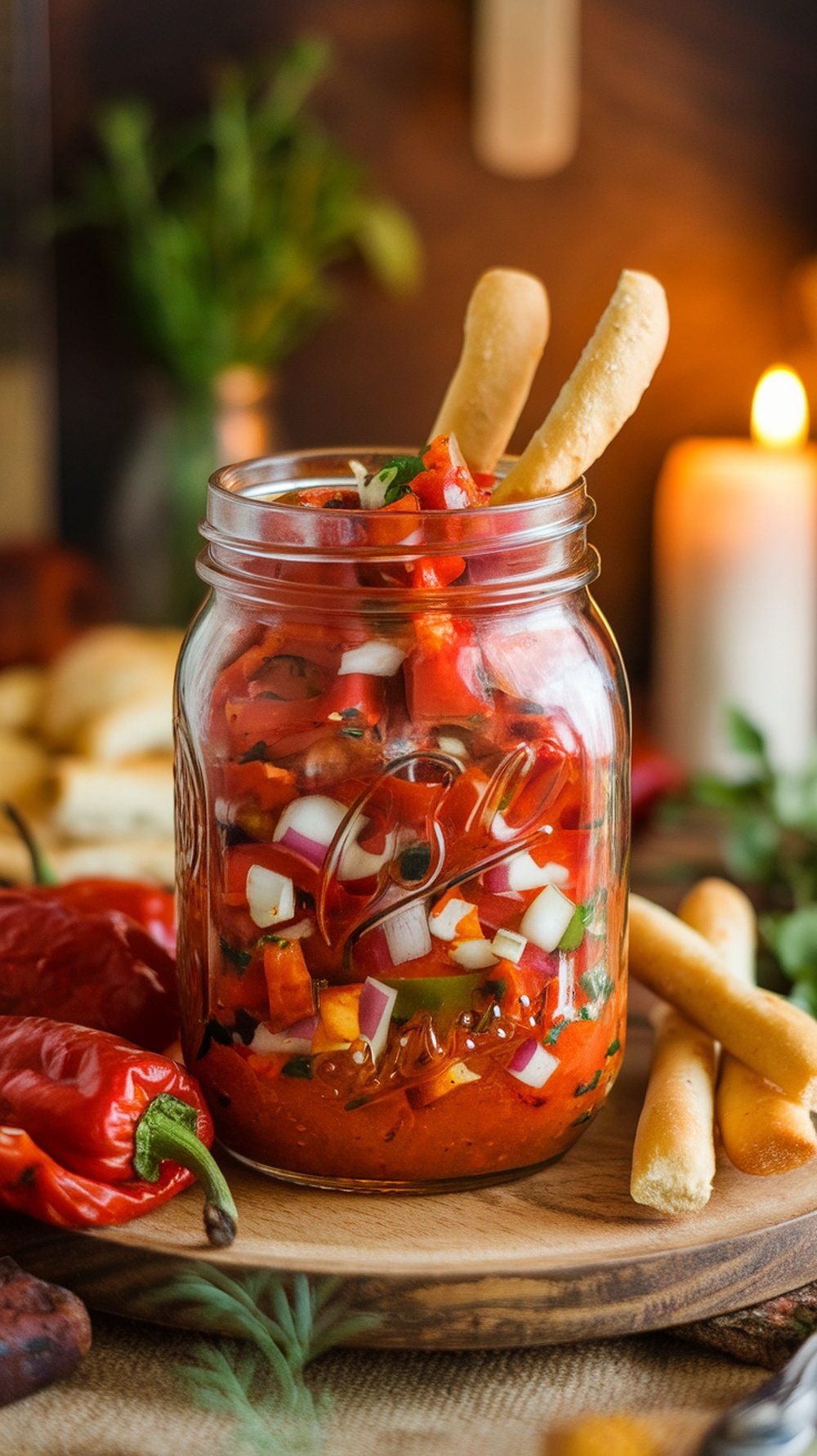 A jar of roasted red pepper salsa with ingredients around it.