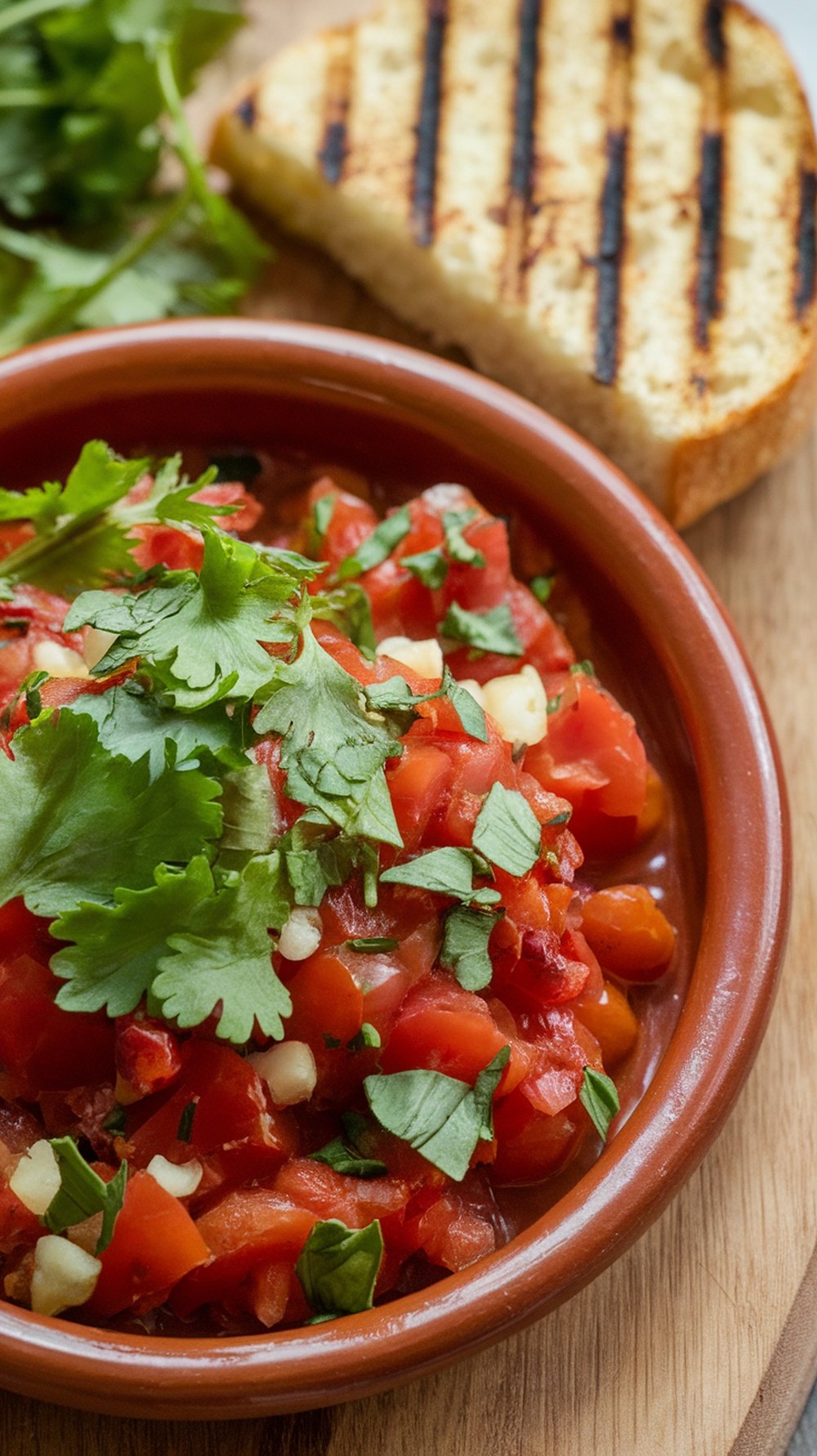 A bowl of roasted tomato and garlic salsa topped with fresh herbs and accompanied by grilled bread.