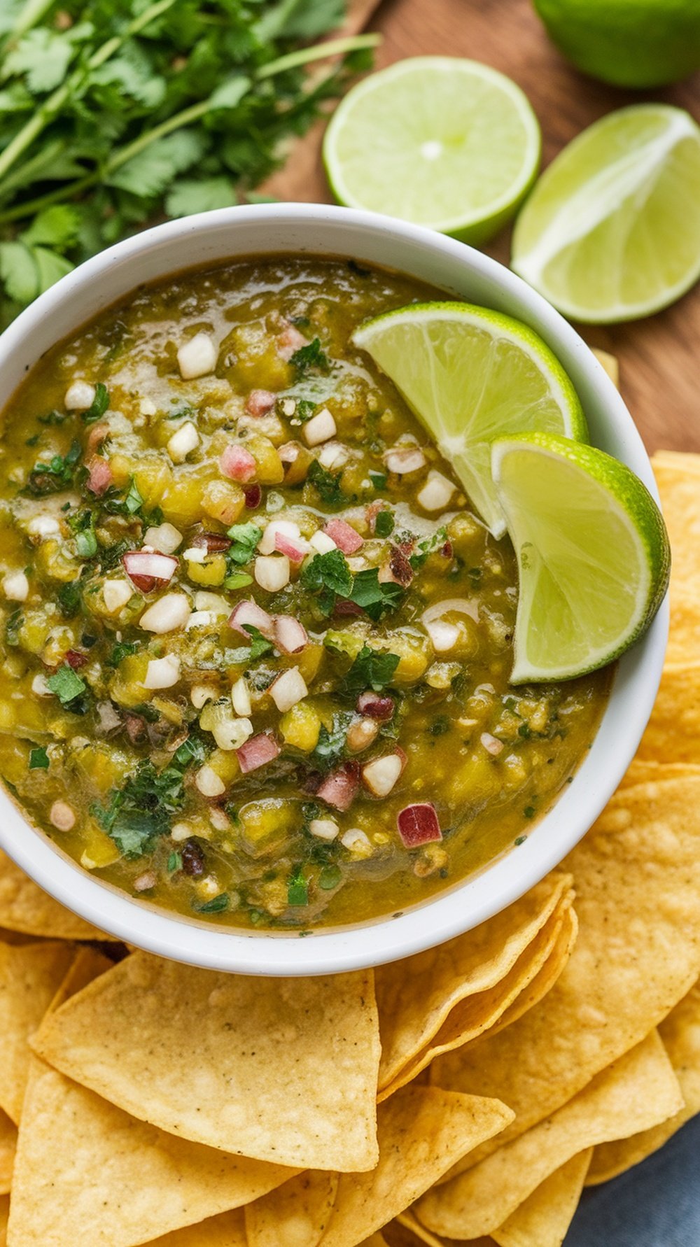 Bowl of salsa verde with lime wedges and tortilla chips