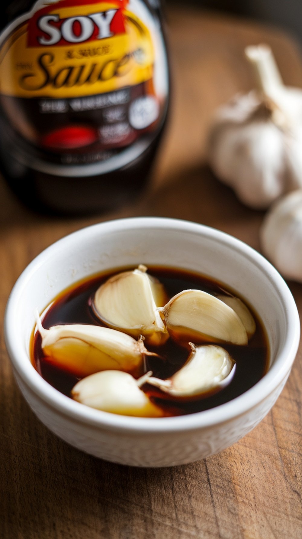 A bowl of soy sauce with garlic cloves, with a soy sauce bottle in the background.