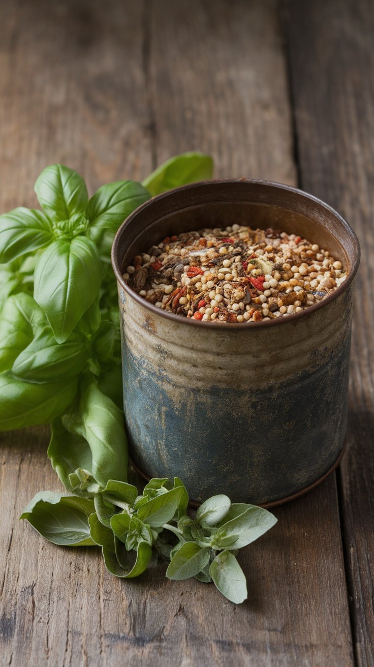 A container filled with a mix of dried herbs and spices, alongside fresh basil and oregano leaves.