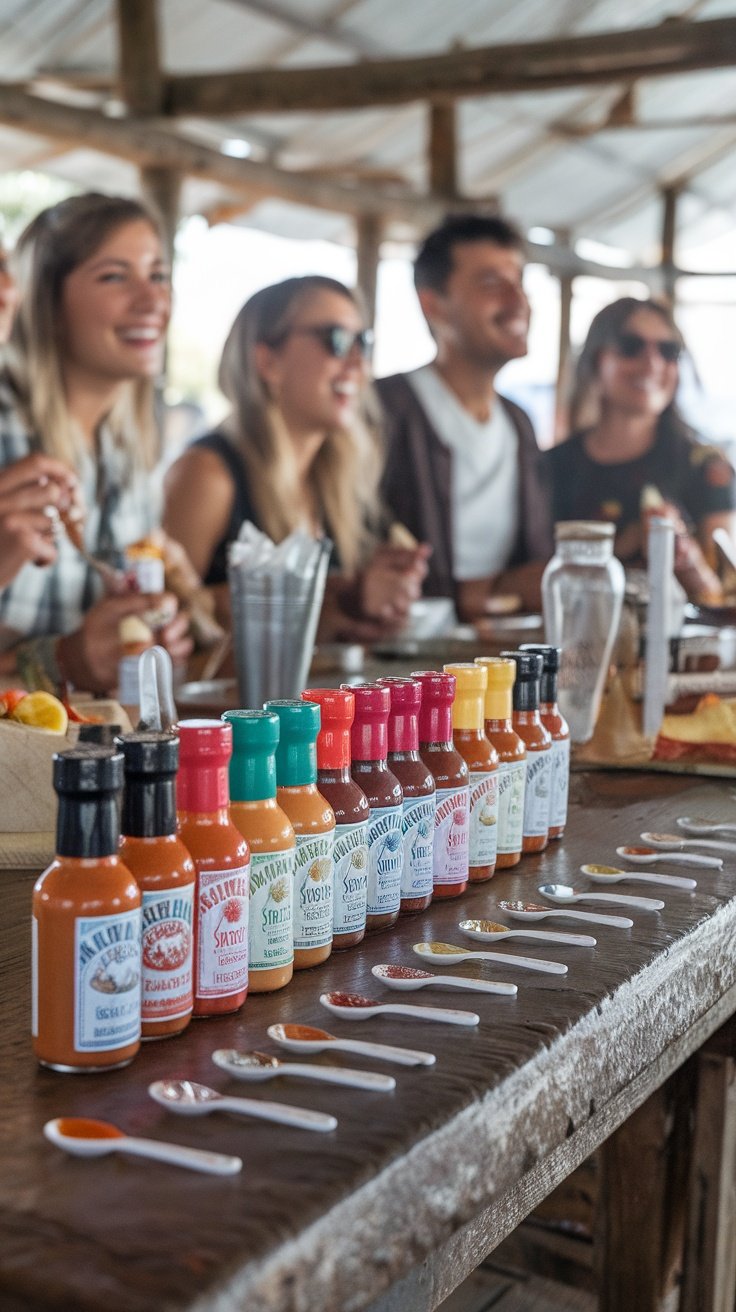 A group of friends enjoying hot sauce tasting with various bottles and tasting spoons on a table.