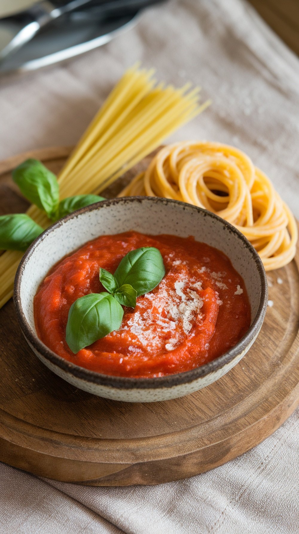 Bowl of tomato basil sauce with fresh basil leaves on top