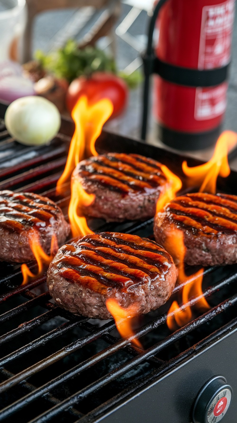 Grilled burgers with smoky BBQ glaze and flames