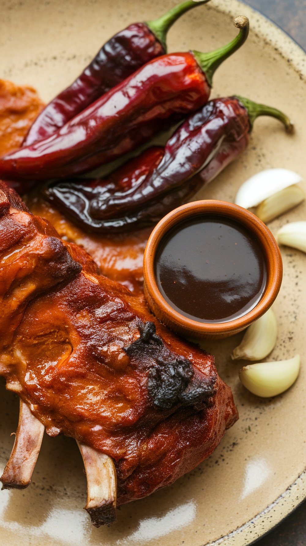 A plate featuring smoky chipotle BBQ sauce next to grilled ribs and red chilies.