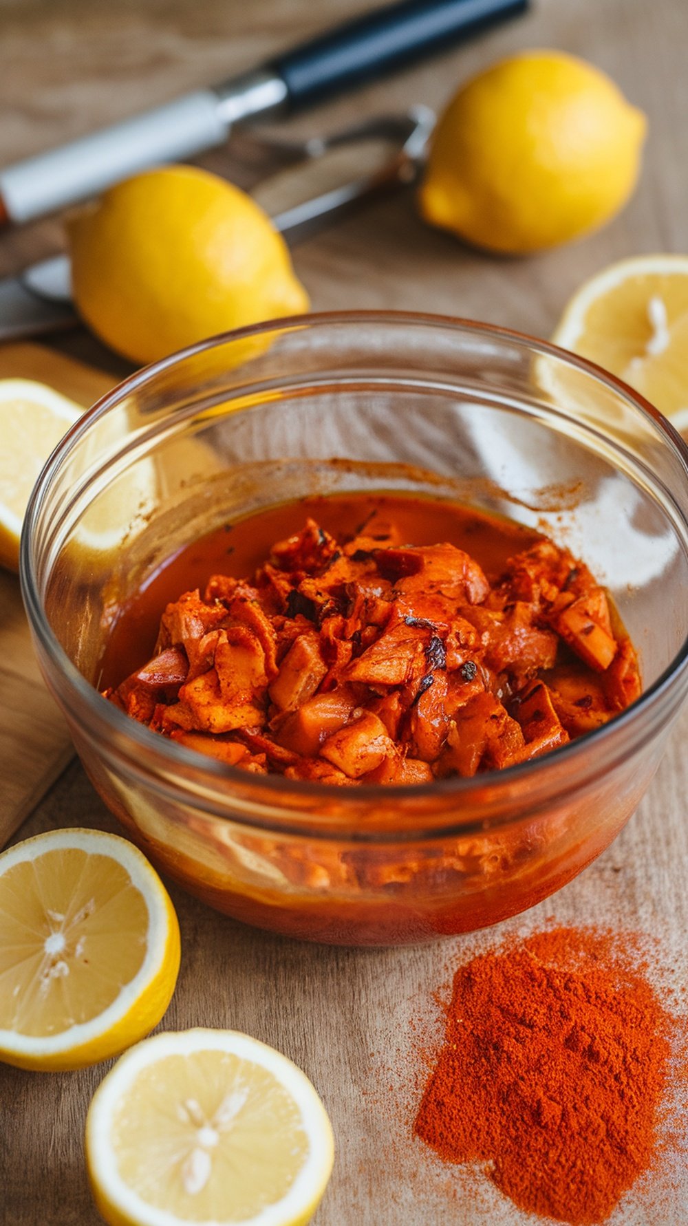 A bowl of smoky paprika marinade with chopped ingredients, surrounded by fresh lemons and paprika powder.