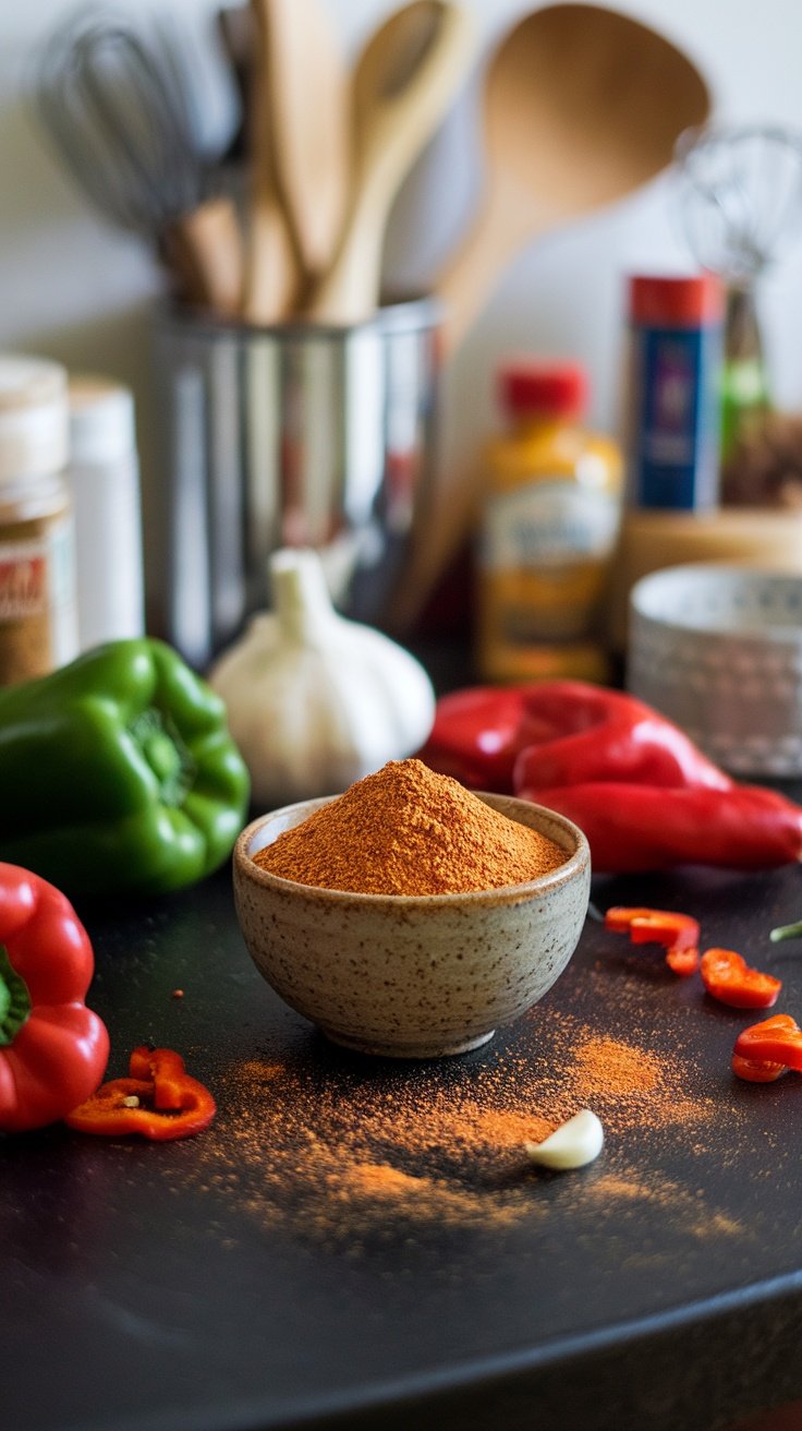 A bowl of smoky paprika spice mix surrounded by fresh vegetables