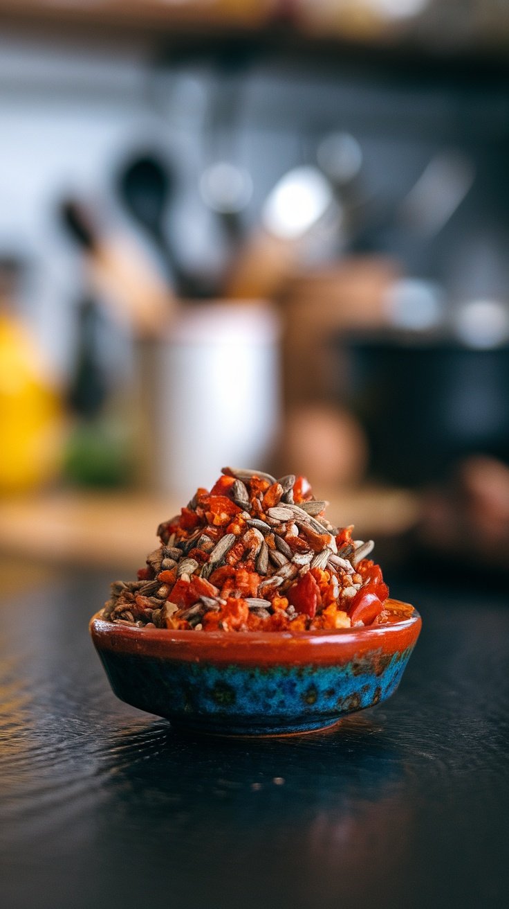 A small bowl filled with a colorful spice blend suitable for Southwest Chili Spice recipes.