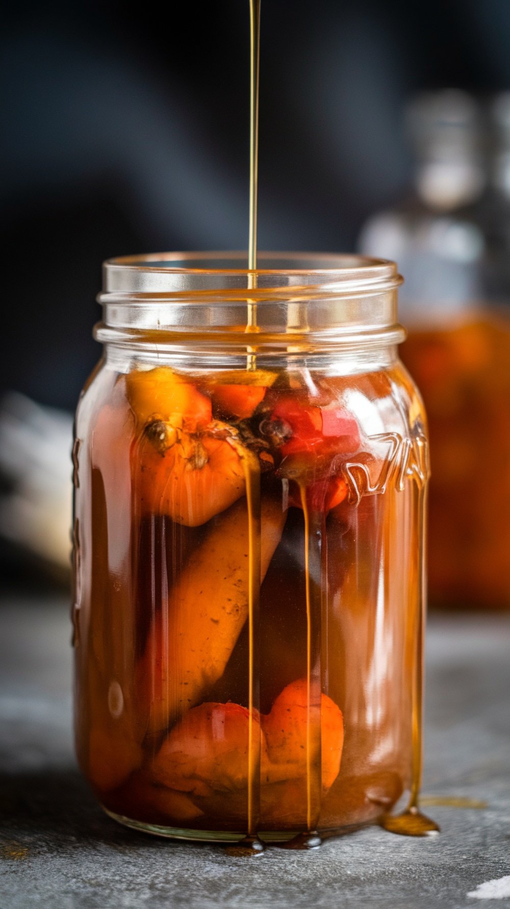 A jar of spicy chipotle marinade with honey and peppers.