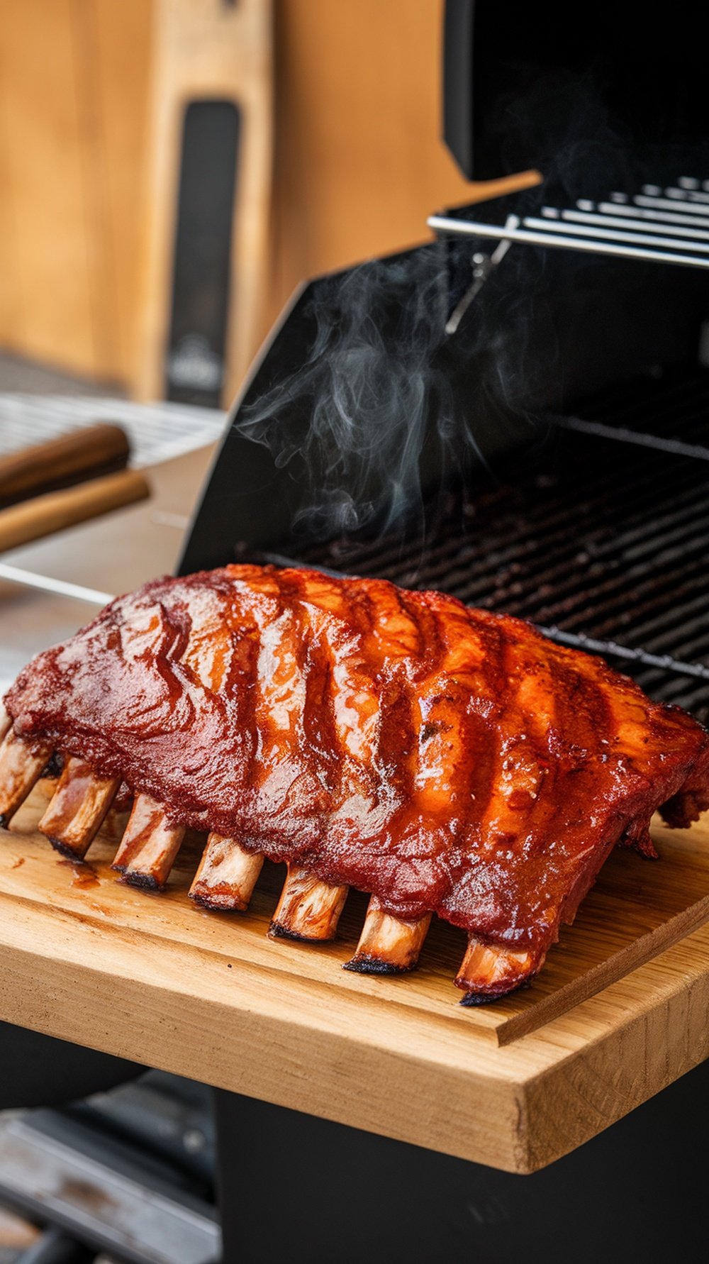 A rack of ribs glazed with a spicy maple chipotle sauce, resting on a wooden cutting board