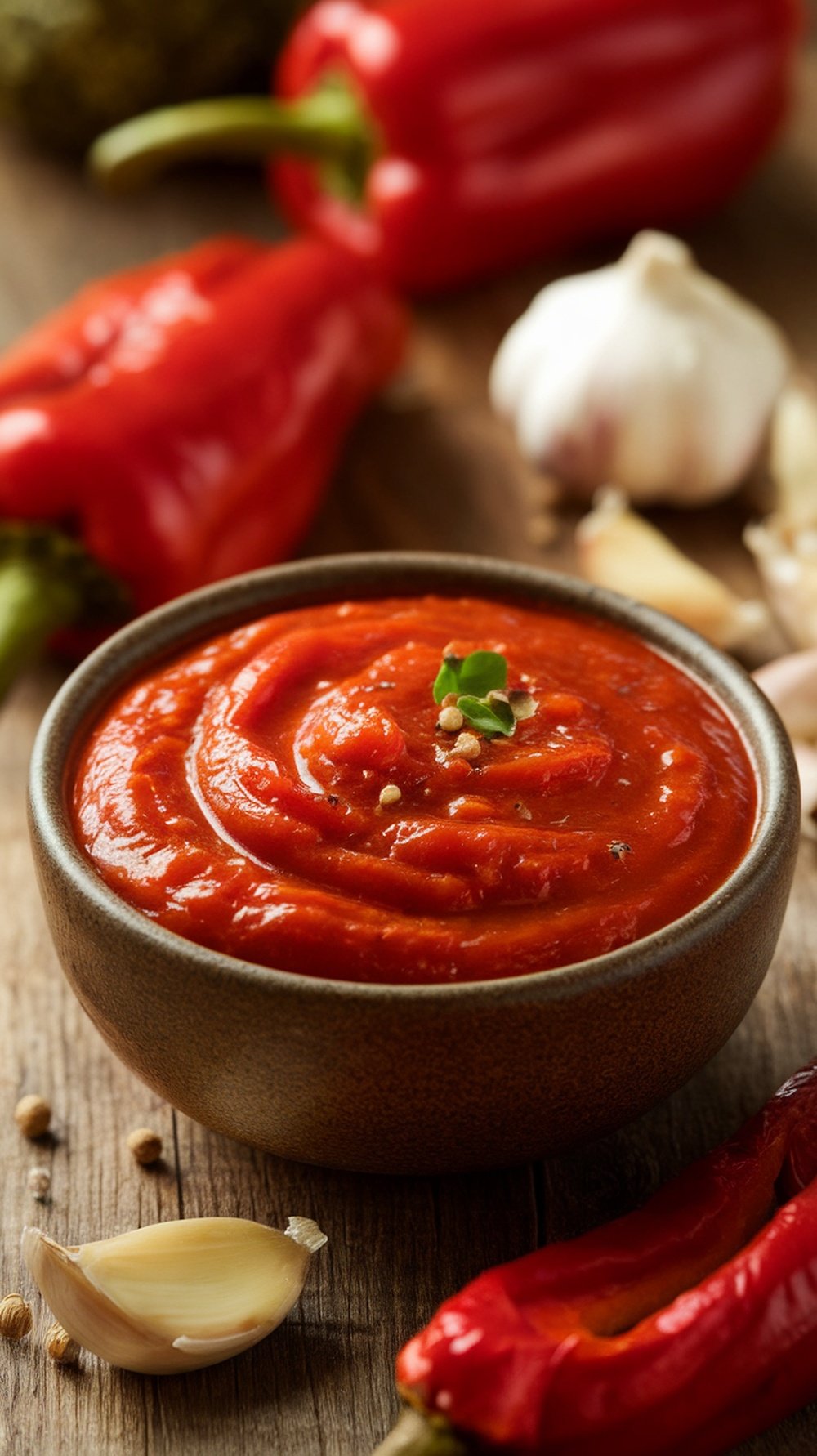 Bowl of spicy roasted red pepper sauce garnished with herbs, surrounded by red peppers and garlic.