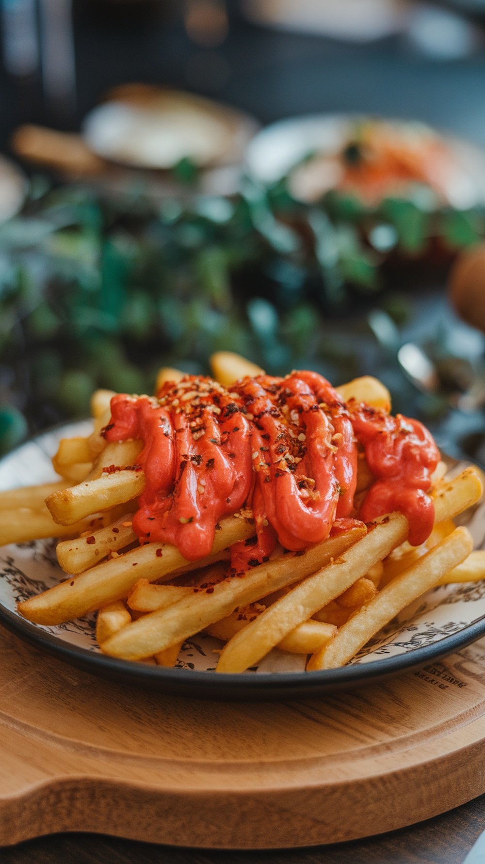 A plate of fries topped with spicy Sriracha mayo.