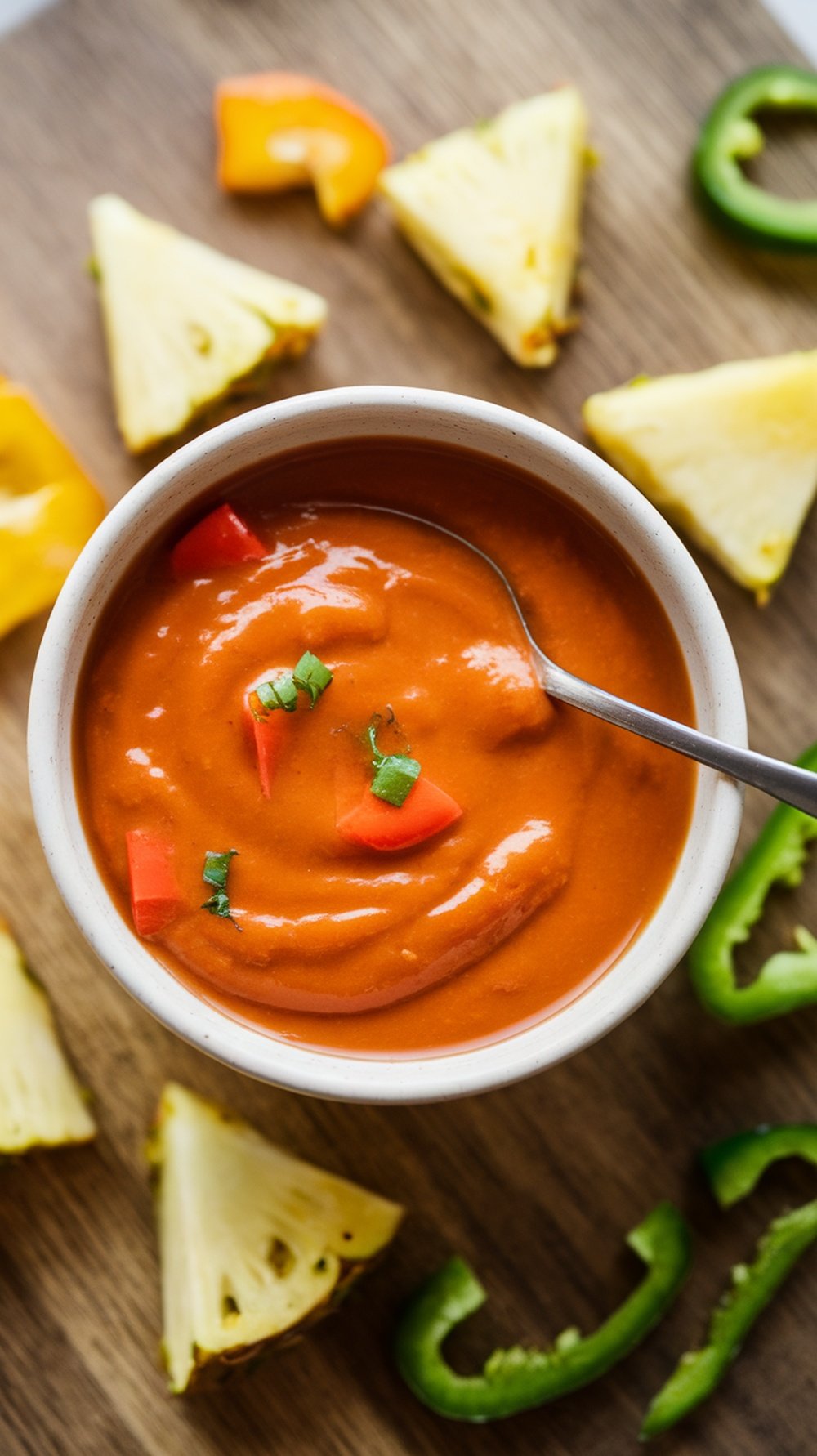 A bowl of sweet and sour sauce surrounded by pineapple and colorful peppers