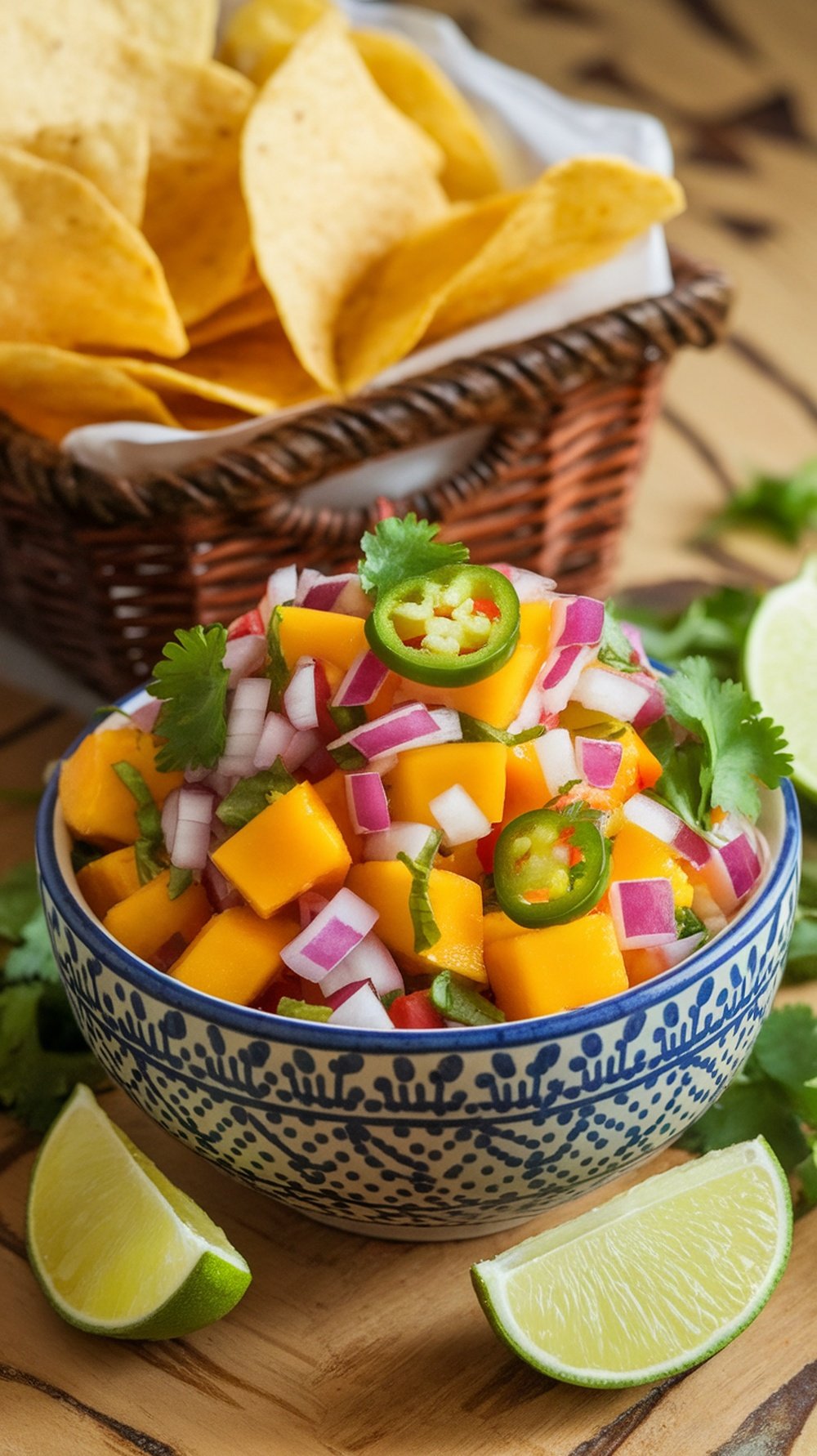 A bowl of colorful mango salsa with tortilla chips in the background.