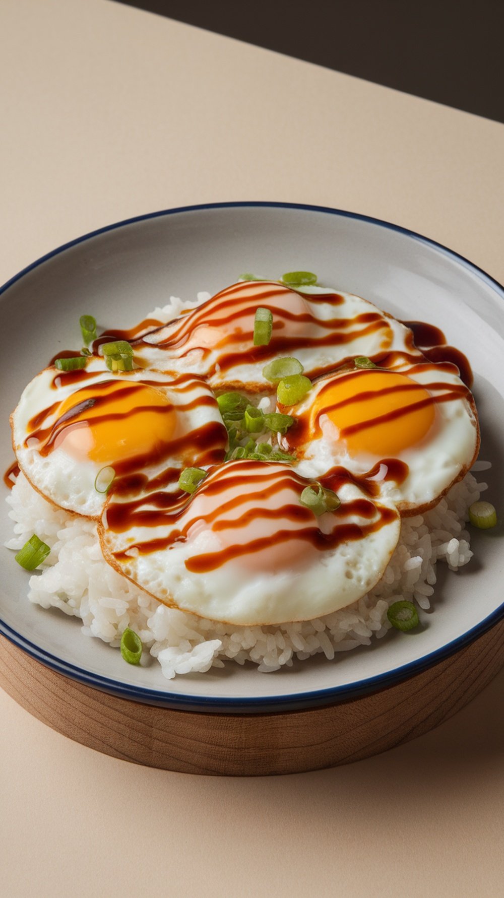 A bowl of fried eggs drizzled with sweet soy glaze served on rice.