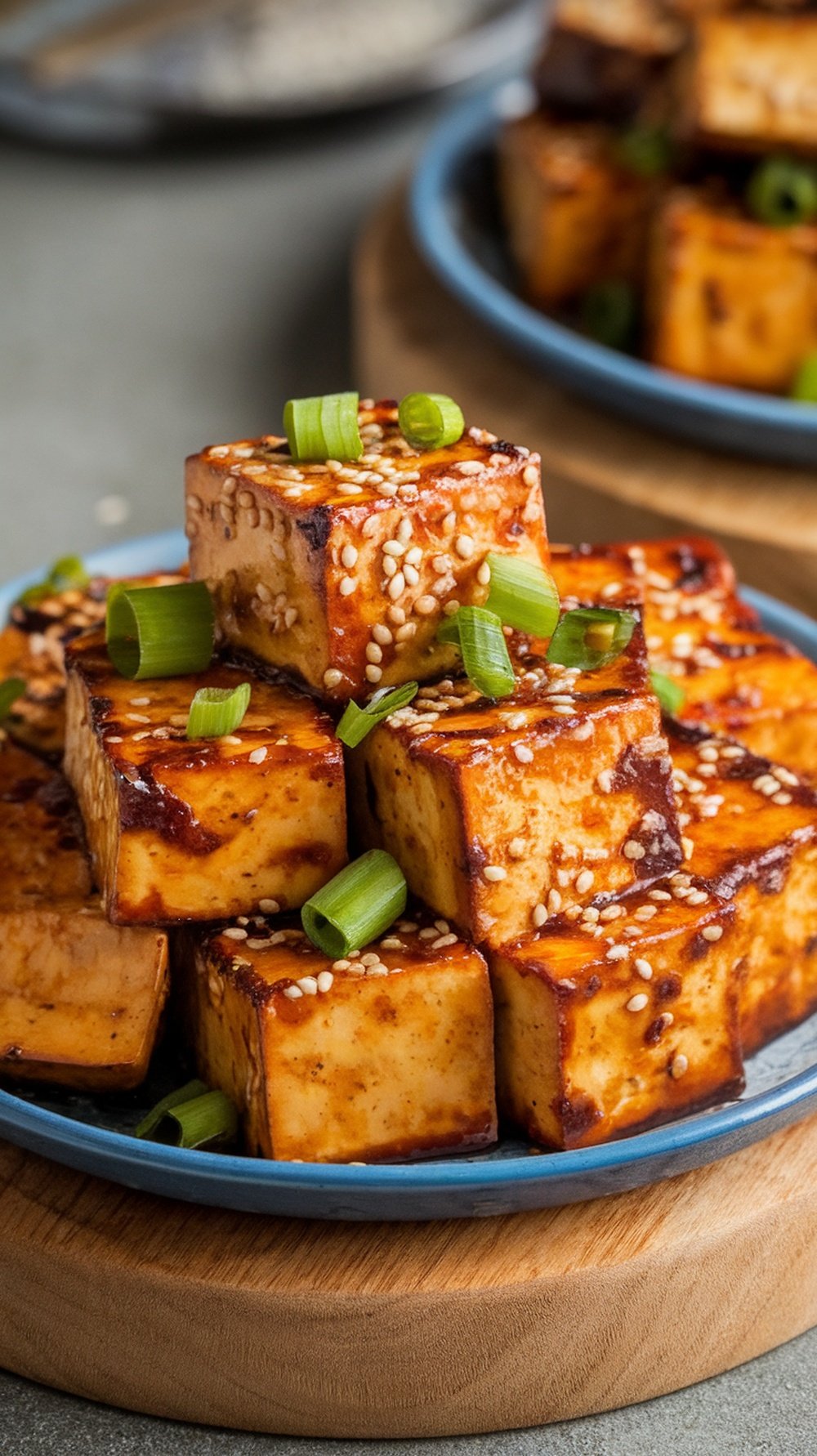 Grilled tofu cubes topped with sesame seeds and green onions, glistening with sweet soy glaze.