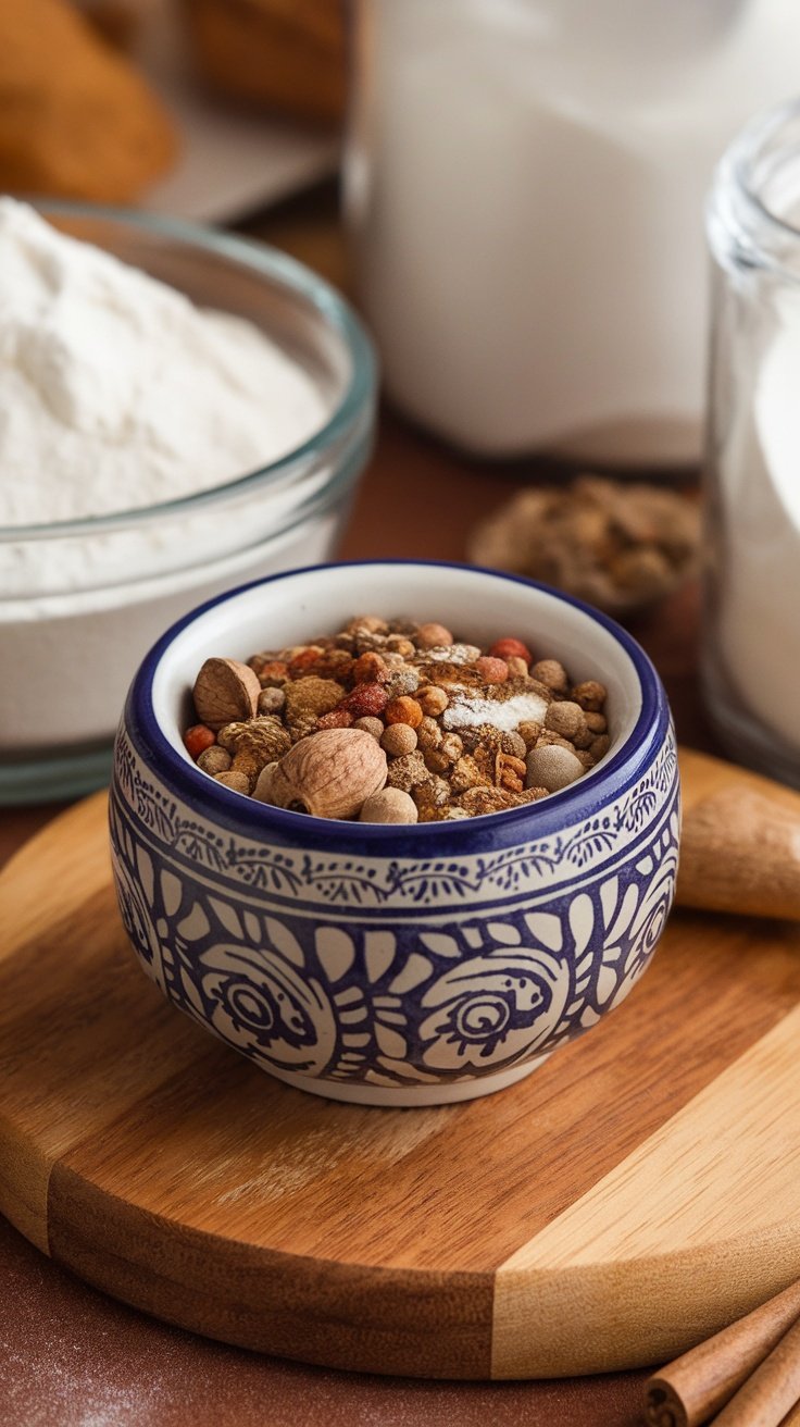 A decorative bowl filled with a variety of spices and herbs.
