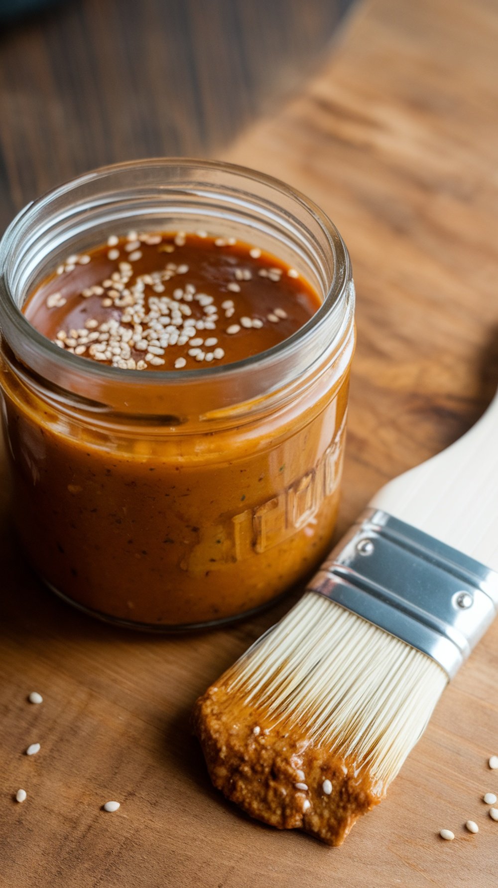 A jar of sweet teriyaki glaze with sesame seeds and a brush on a wooden surface.